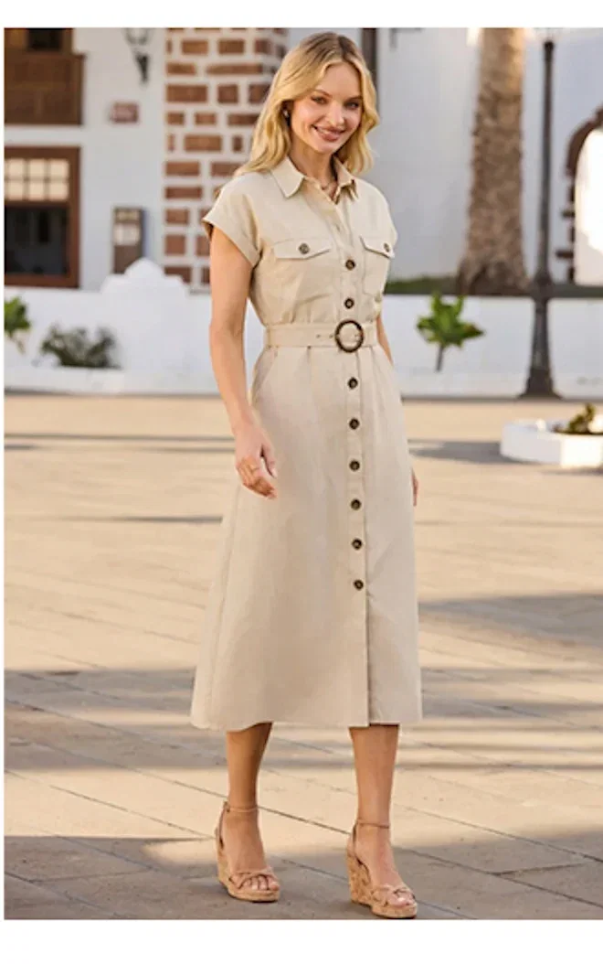 Ecru Pocket Front Belted Denim Shirt Dress