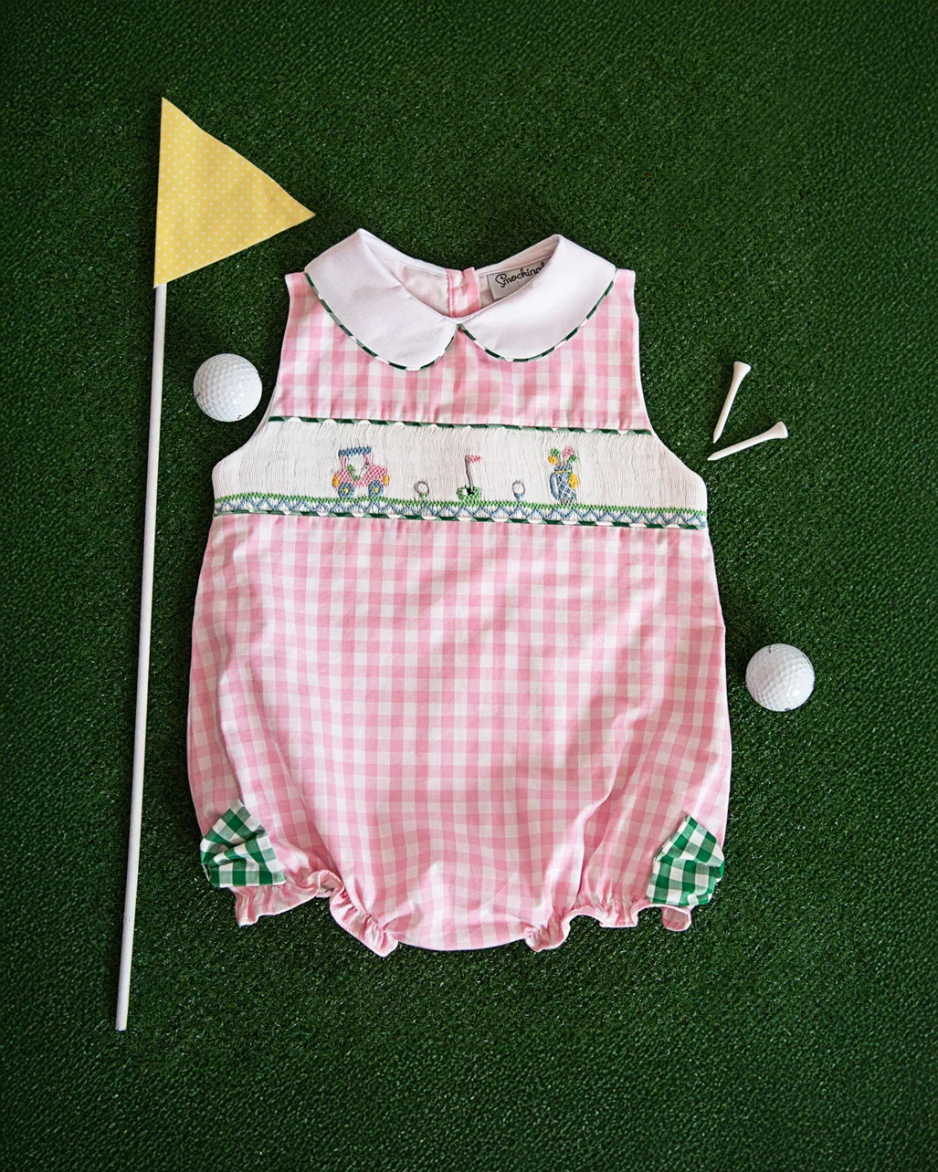 Image of Golf Smocked Pink Checked Bubble with Bow Detail