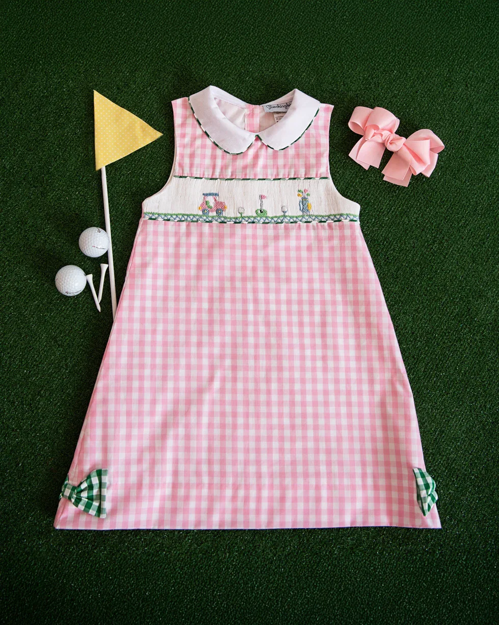 Image of Golf Smocked Pink Checked Dress with Bow Detail
