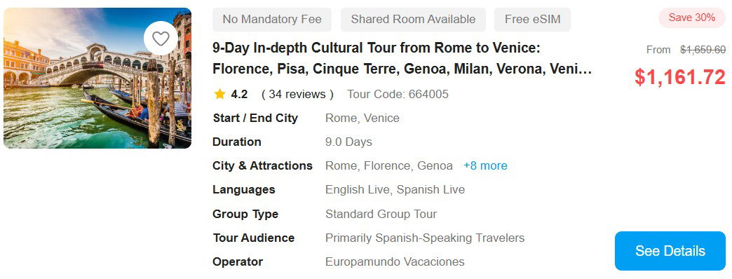 9-Day In-depth Cultural Tour from Rome to Venice: Florence, Pisa, Cinque Terre, Genoa, Milan, Verona, Venice | Ticket Admission to Murano Glasswork in Venice | Hotel Breakfasts Included 4.2 (34 reviews) Tour Code: 664005