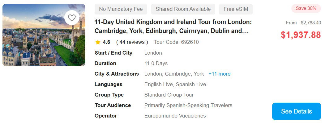 11-Day United Kingdom and Ireland Tour from London: Cambridge, York, Edinburgh, Cairnryan, Dublin and Liverpool 4.6 (44 reviews) Tour Code: 692610