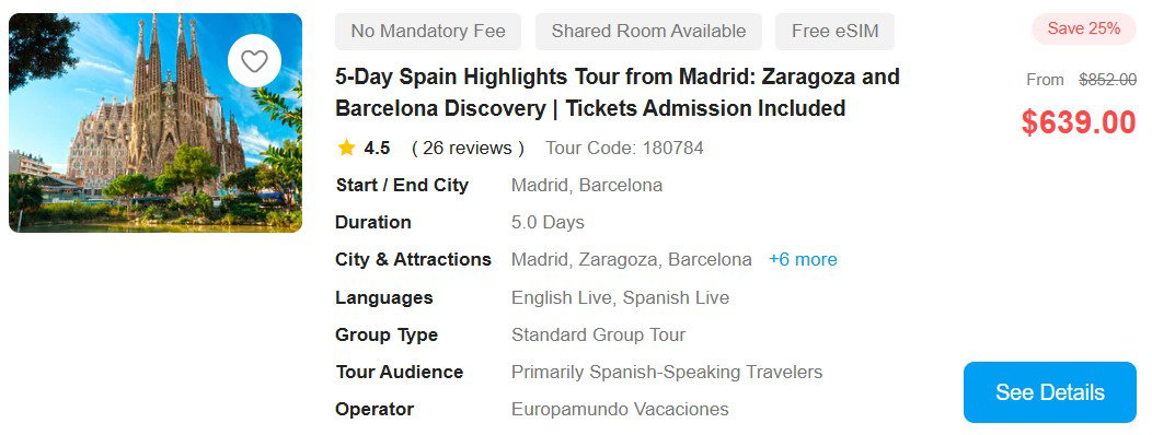 5-Day Spain Highlights Tour from Madrid: Zaragoza and Barcelona Discovery | Tickets Admission Included 4.5 (26 reviews) Tour Code: 180784