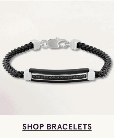 A black braided cord bracelet with central silver & black decorative bar. Click here to shop bracelets