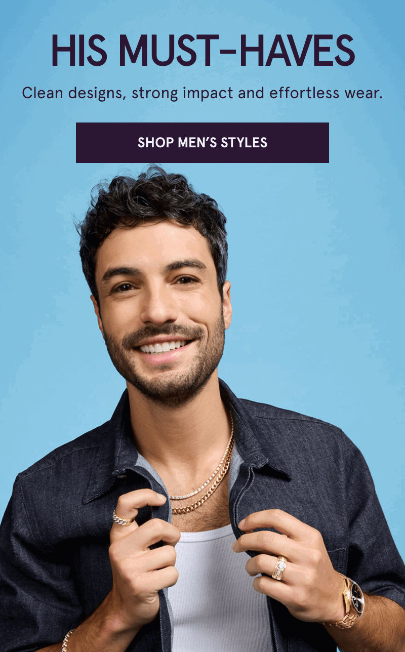 Male wearing gold curb chains, watch, rings & bracelets. Must Have’s. Clean, strong, effortless. Click here to shop men’s styles