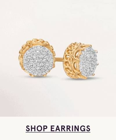 Pair of textured gold studs designed with circular, diamond-encrusted faces. Click here to shop earrings