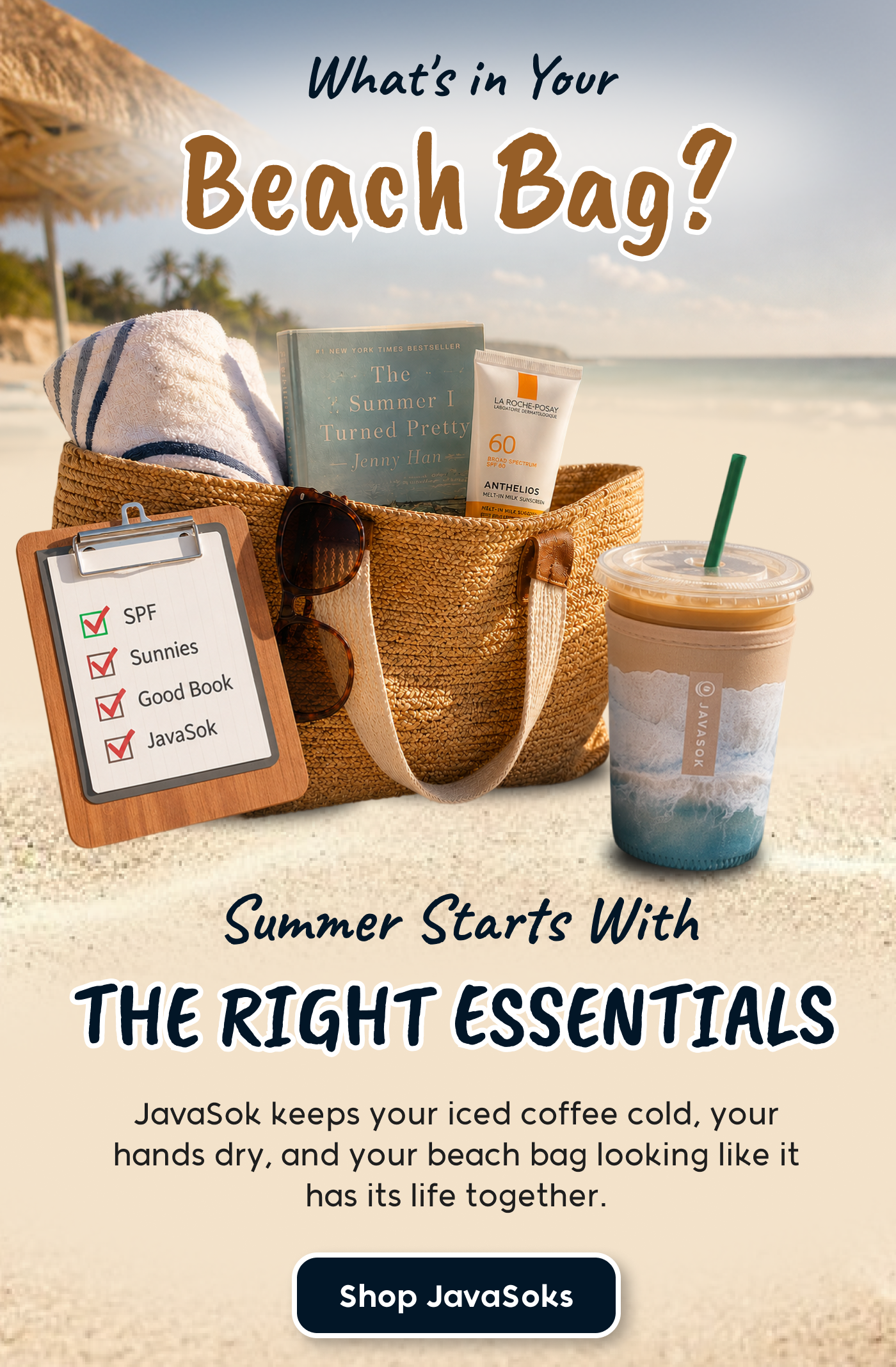 Summer beach essentials banner with tote bag, iced coffee tumbler, and vacation accessories.