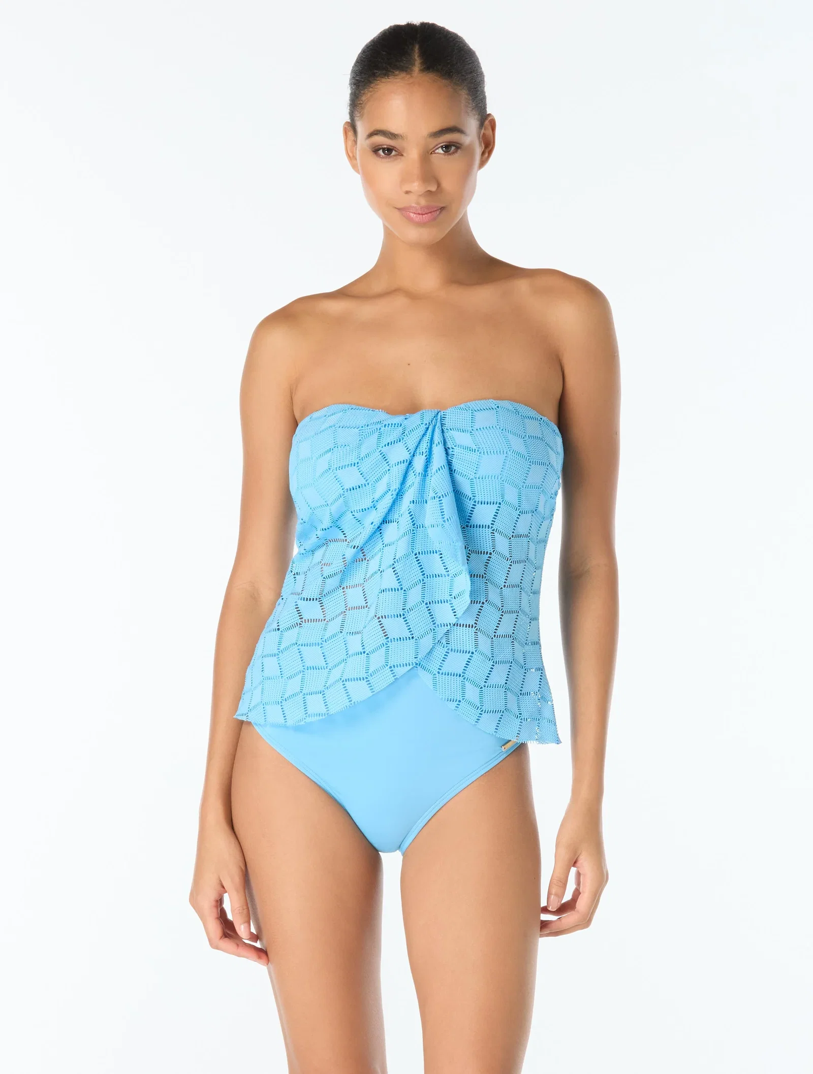 Image of Vince Camuto Draped Bandeau Textured Tankini Top - Geo Crochet