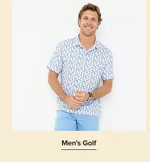 Shop mens golf. A man in a pattern printed collard golf shirt.