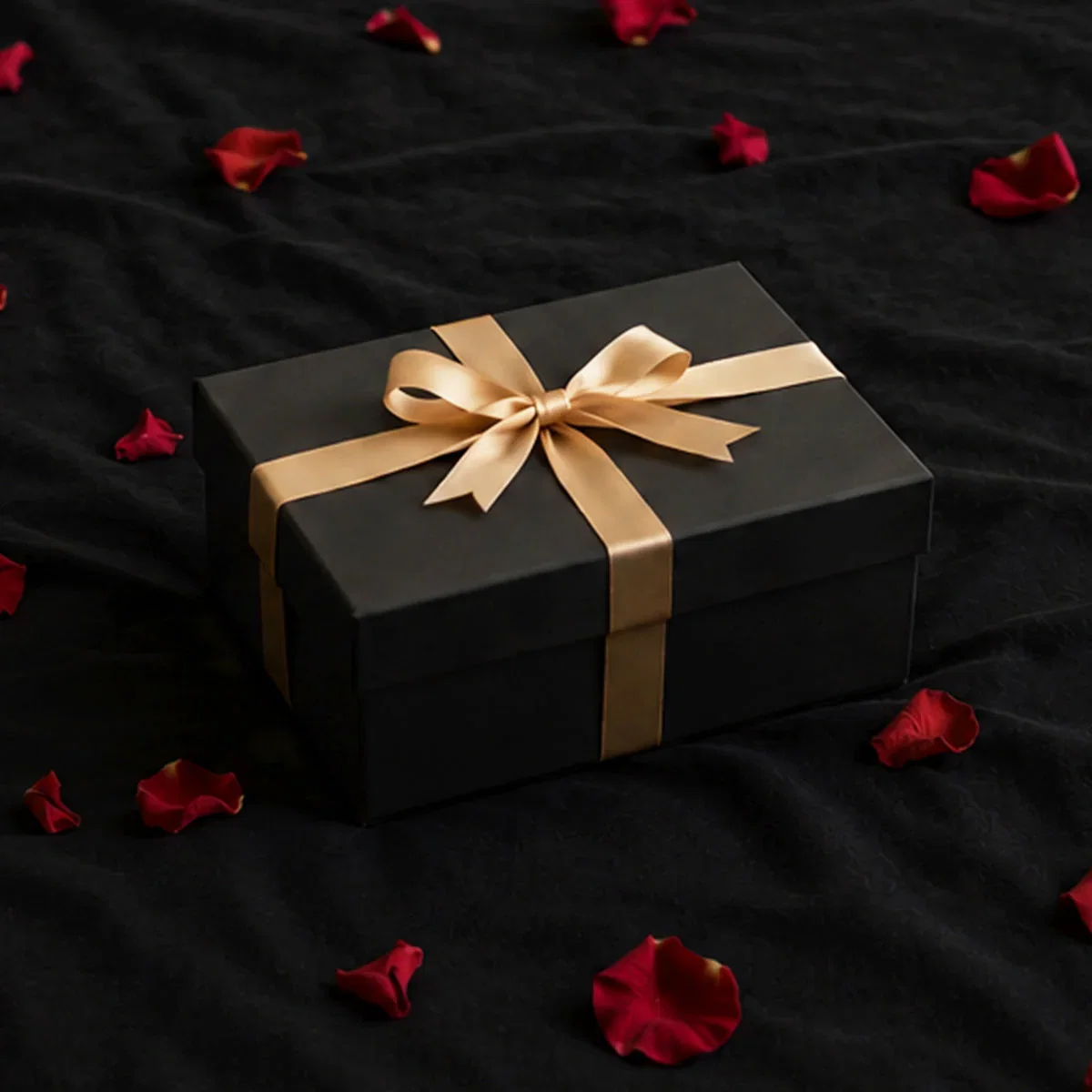 Black gift box with gold ribbon bow surrounded by red rose petals on dark fabric background