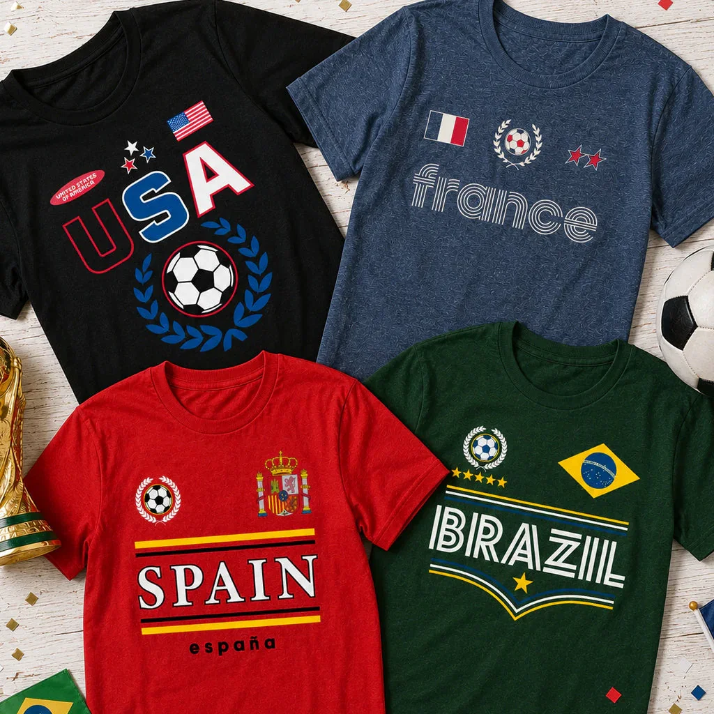 Four soccer-themed graphic t-shirts featuring USA, France, Spain, and Brazil designs with flags and emblems.