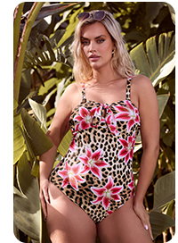 YOURS Curve Brown Floral Leopard Tie Front Bandeau Swimsuit