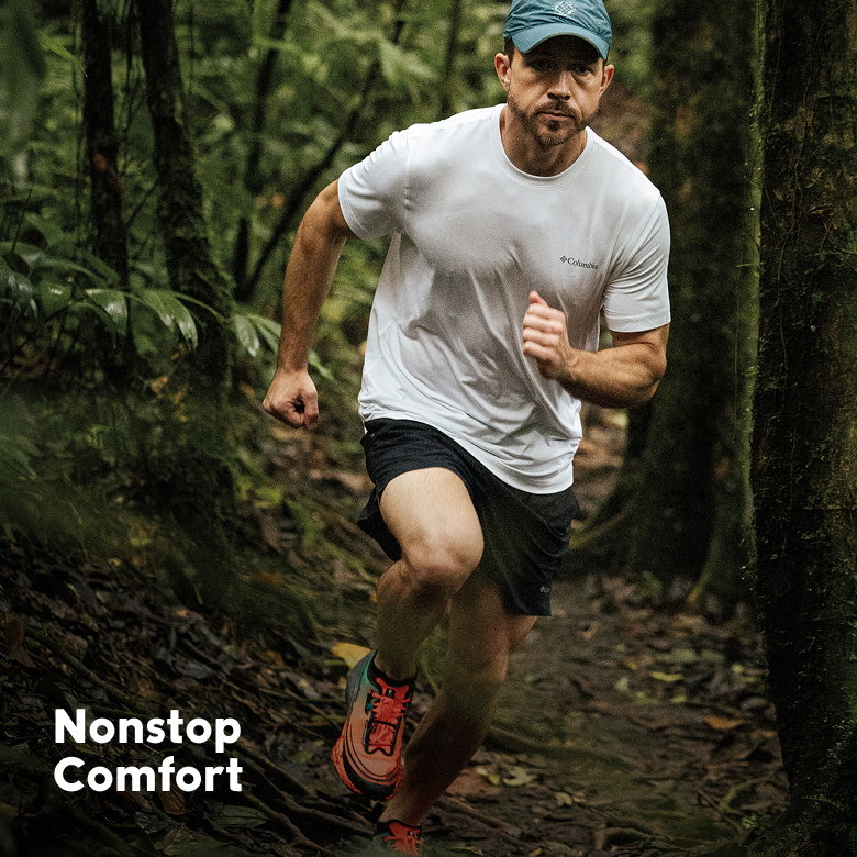 Nonstop comfort. Man running in the forest. 