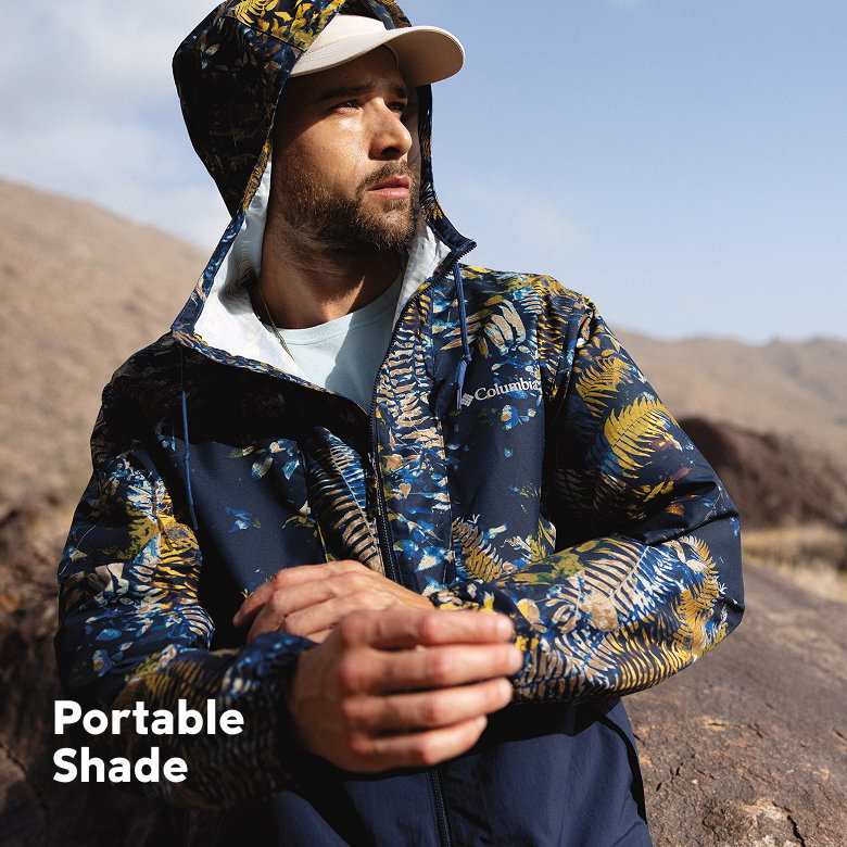 Portable Shade. an wearing light jacket on hike. 