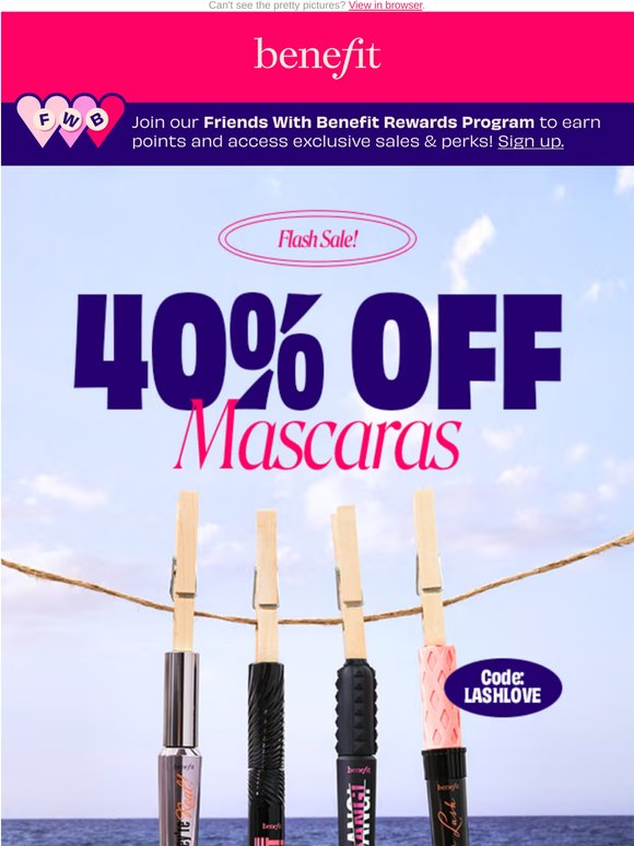 40% off ALL mascaras for longer summer lashes ☀️