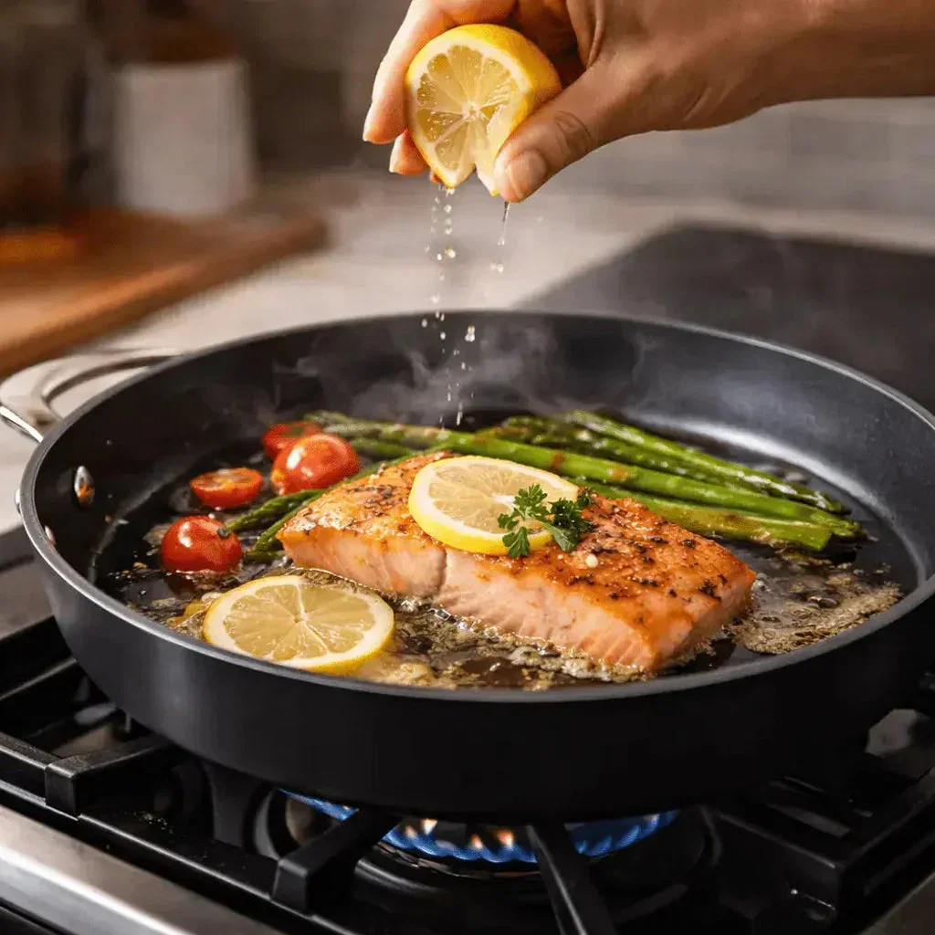 Hand squeezing fresh lemon juice over salmon fillet with asparagus and tomatoes in black skillet on stovetop.
