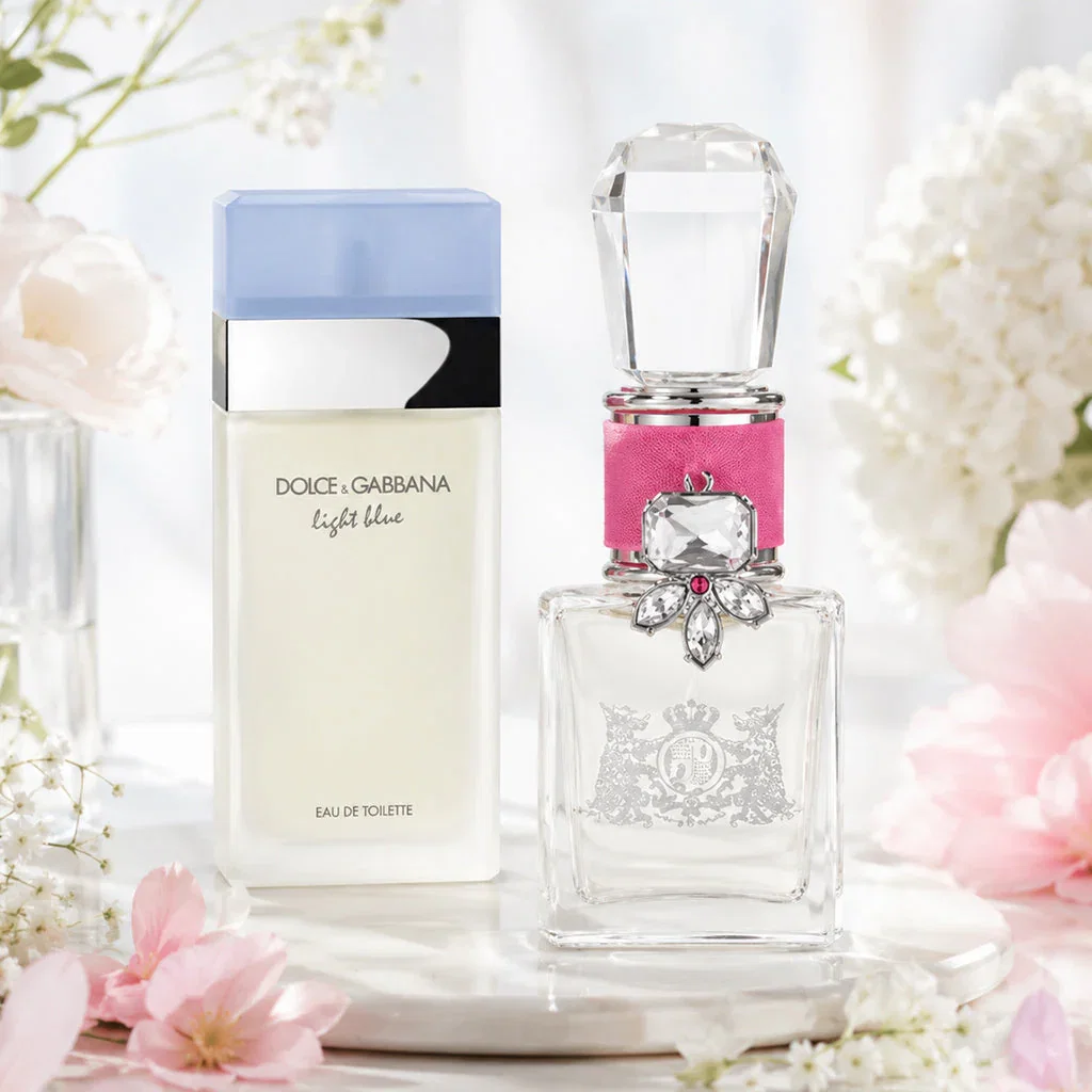Two elegant women's perfume bottles surrounded by pink and white flowers on a white surface.