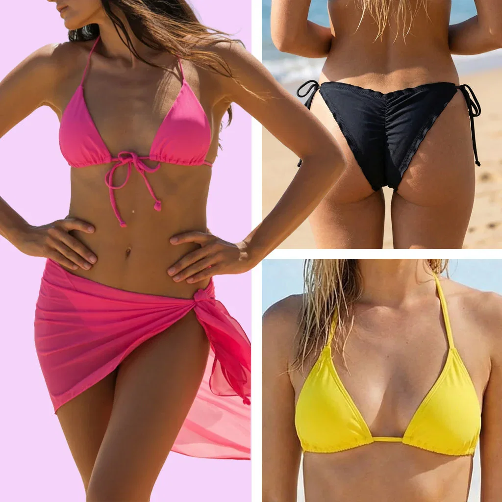 Lexie Lu bikini collection featuring pink, black, and yellow swimwear styles displayed on models at beach and studio settings.