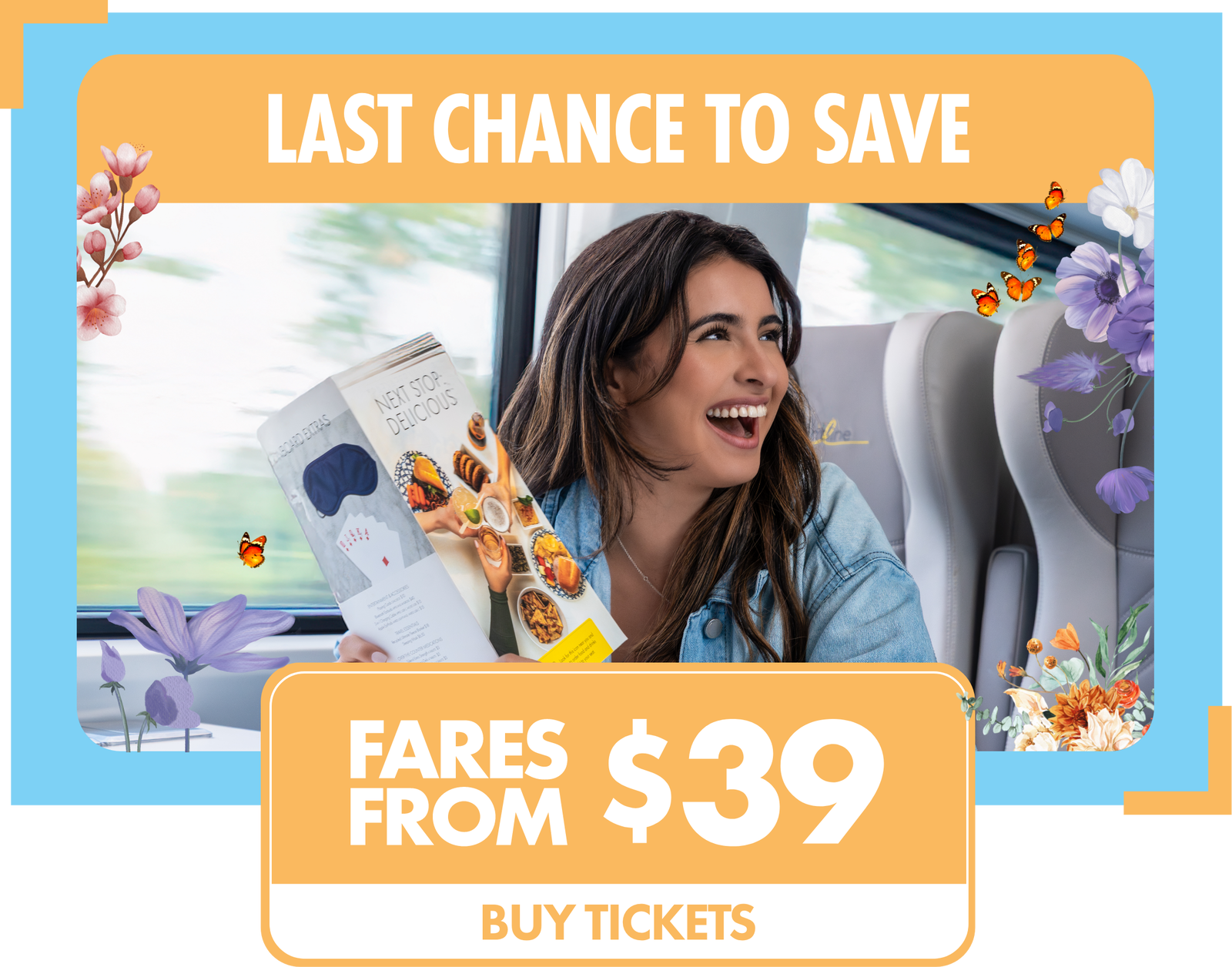 Promotional graphic advertising discounted bus travel fares. A passenger sits on a bus reading a brochure while looking out the window, suggesting a relaxed journey. The design includes floral illustrations and butterflies around the central photo, adding a cheerful and inviting feel. Bold text highlights a limited-time offer with fares from $39 and a call to buy tickets.