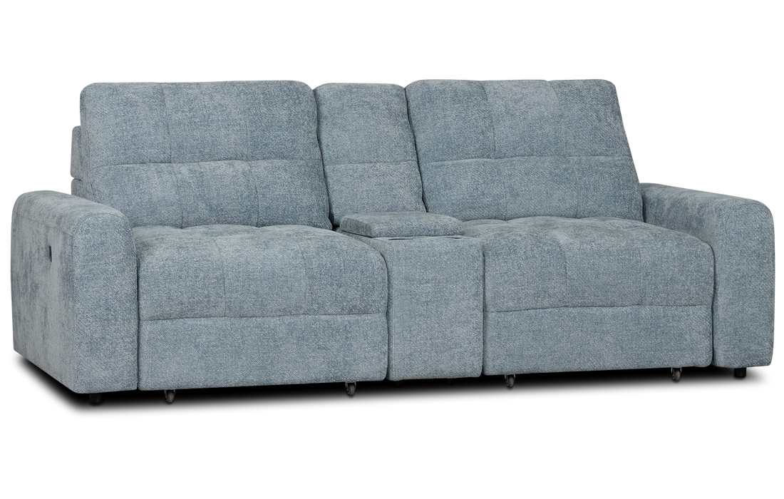 Hendrix Light Blue Fabric Power Extension Chaise Console Loveseat