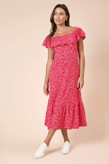 Red Ditsy Frill Tiered Hem Jersey Midi Dress