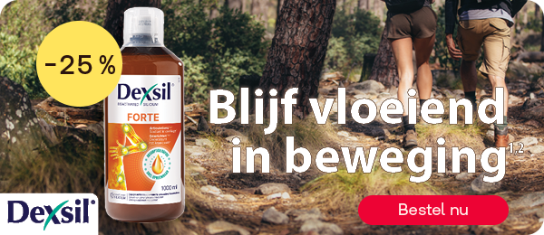 Dexsil Forte supplement tot -25% voor soepele gewrichten, knop “Bestel nu”.