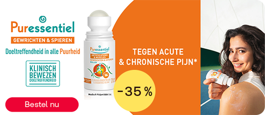 Puressentiel spier- en gewrichtsroller tot -35% tegen pijn, knop “Bestel nu”.