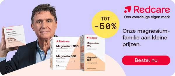 Redcare magnesium supplementen tot -50%, knop “Bestel nu”.
