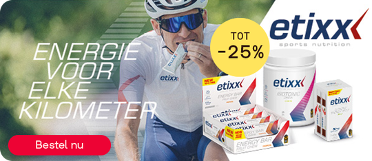 Etixx sportvoeding tot -25% voor energie en prestaties, knop “Bestel nu”.