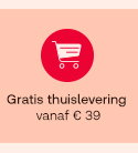 Rood icoon met winkelkarretje, tekst: Gratis levering voor bestellingen vanaf € 39 op perzikkleurige achtergrond.