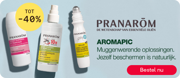Pranarôm Aromapic muggenwerende spray tot -40%, knop “Bestel nu”.