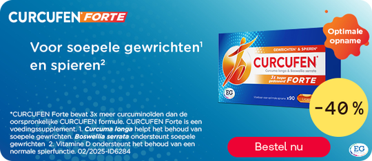 Curcufen Forte tot -40% voor gewrichten en spieren, knop “Bestel nu”.
