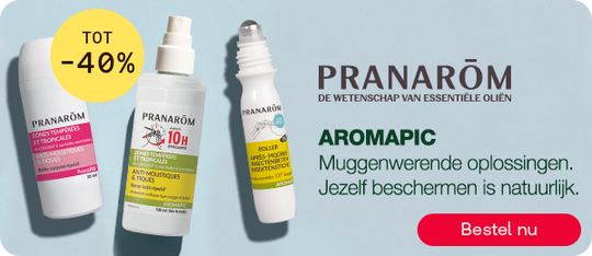 Pranarôm Aromapic muggenwerende spray tot -40%, knop “Bestel nu”.
