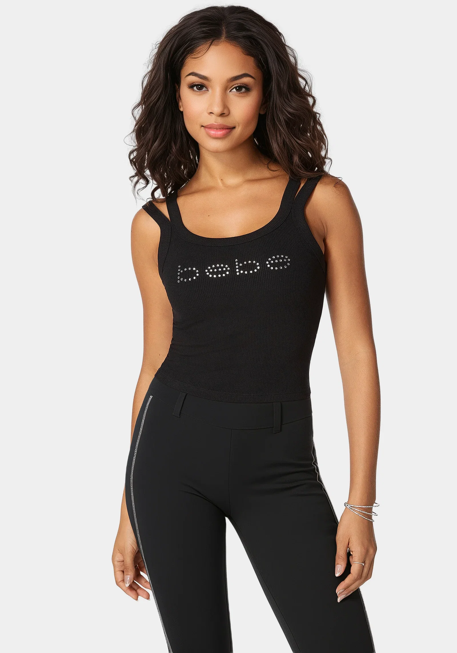 Image of Bebe Logo Double Strap Single Stone Rib Top