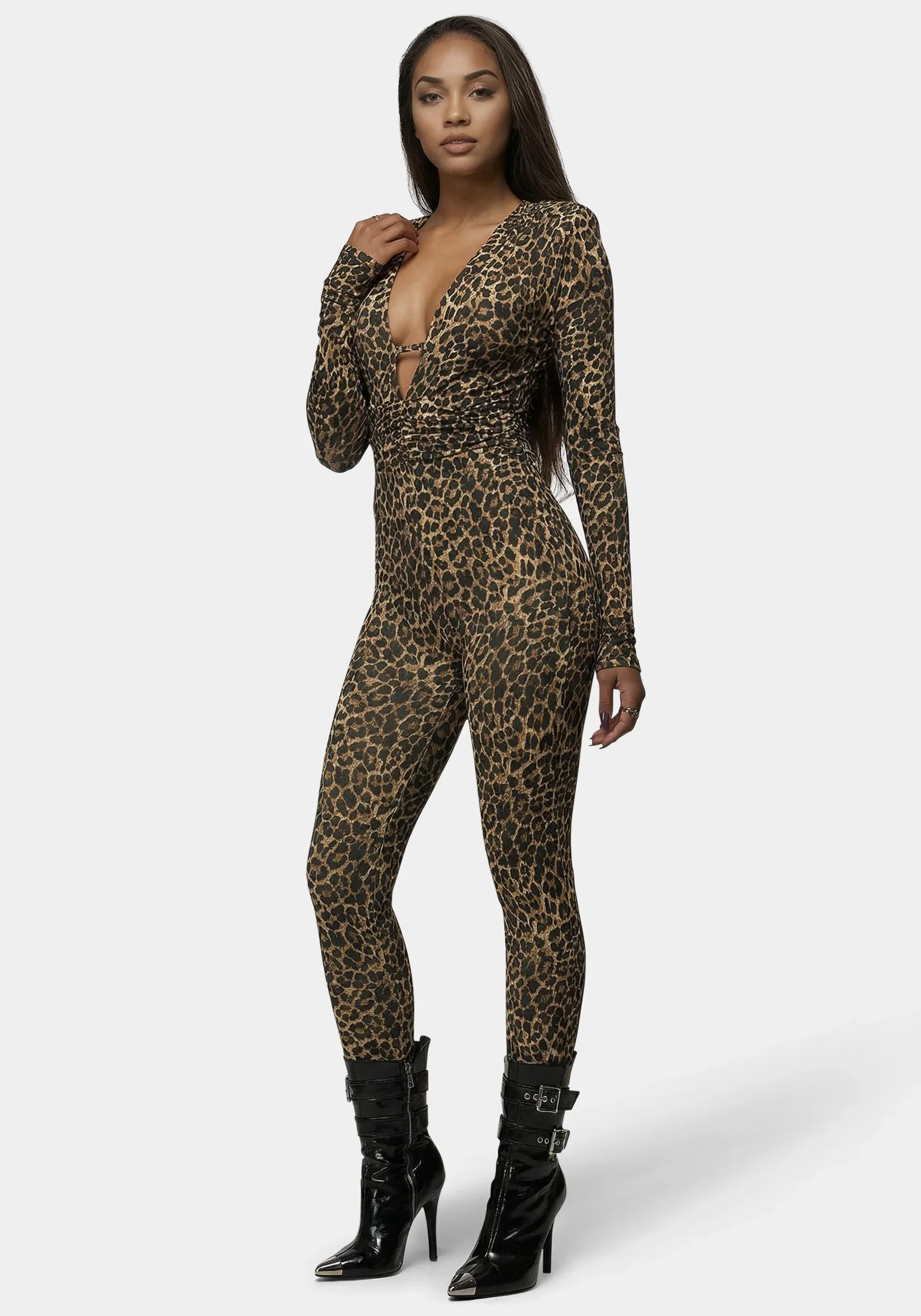 Image of Plunging V-Neck Metal Trim Detail Printed Catsuit