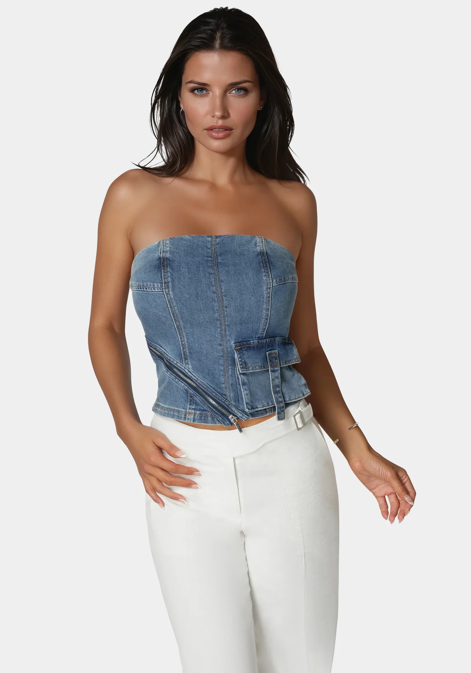 Image of Zipper And Cargo Detail Denim Top
