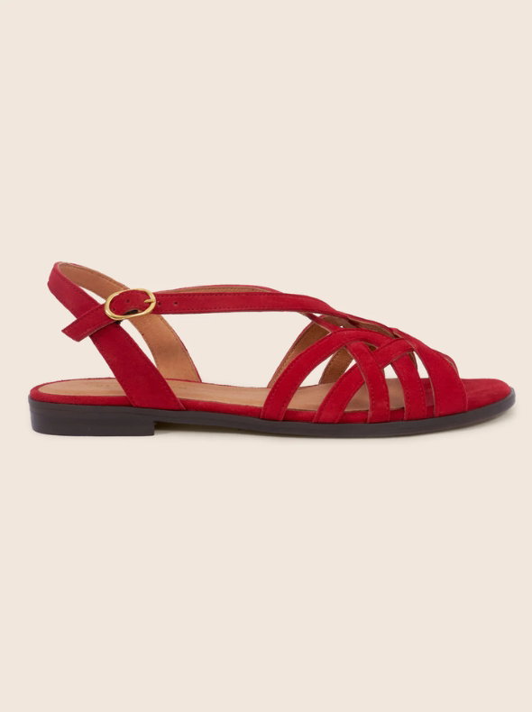 Sandales plates brides cuir daim rouge