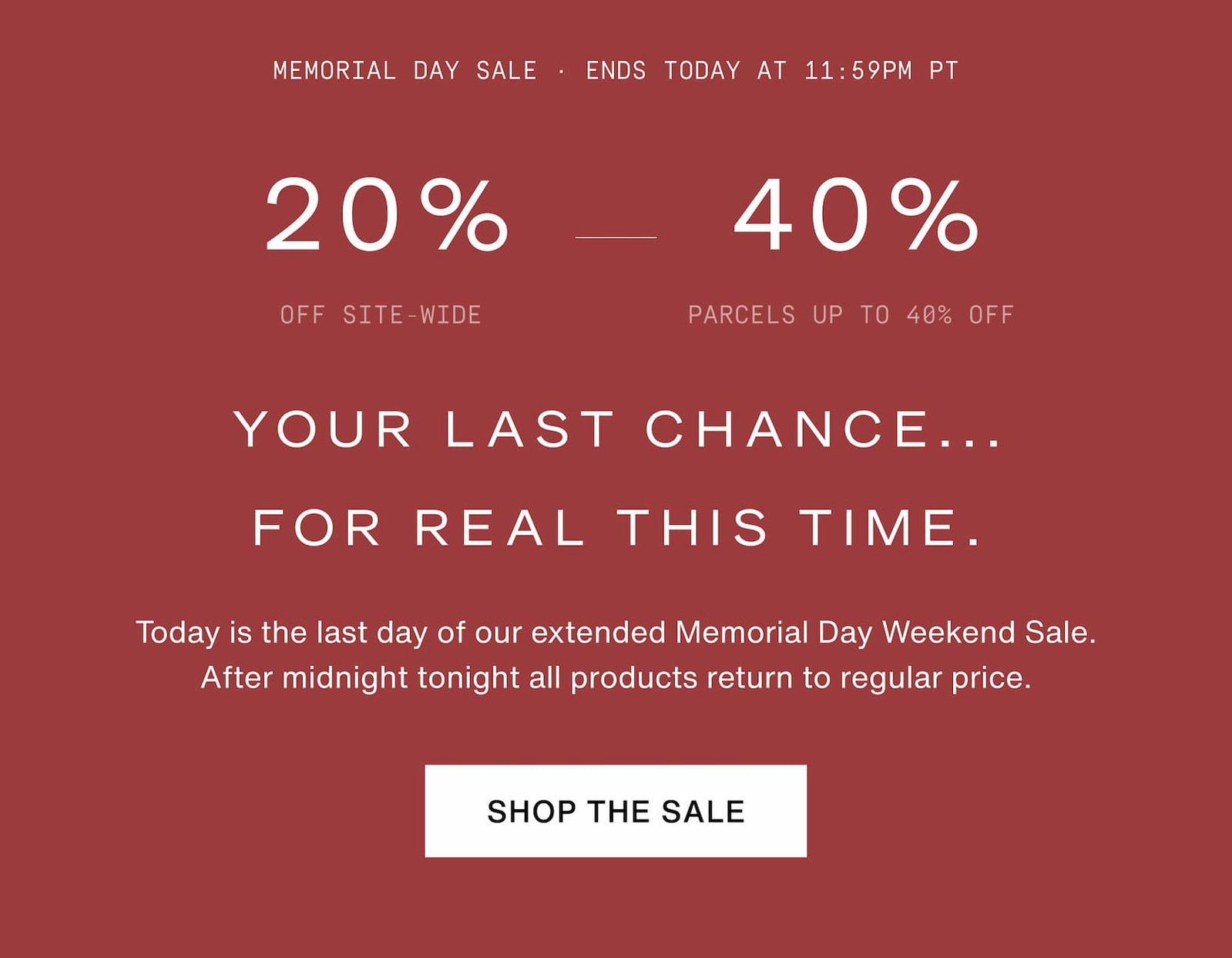 Click to shop the Cadence Memorial Day Weekend Sale. Your last chance, for real this time. 20% off site-wide. Up to 30% off selects sets. And up to 40% off the Parcel System. After midnight tonight all products return to regular price.