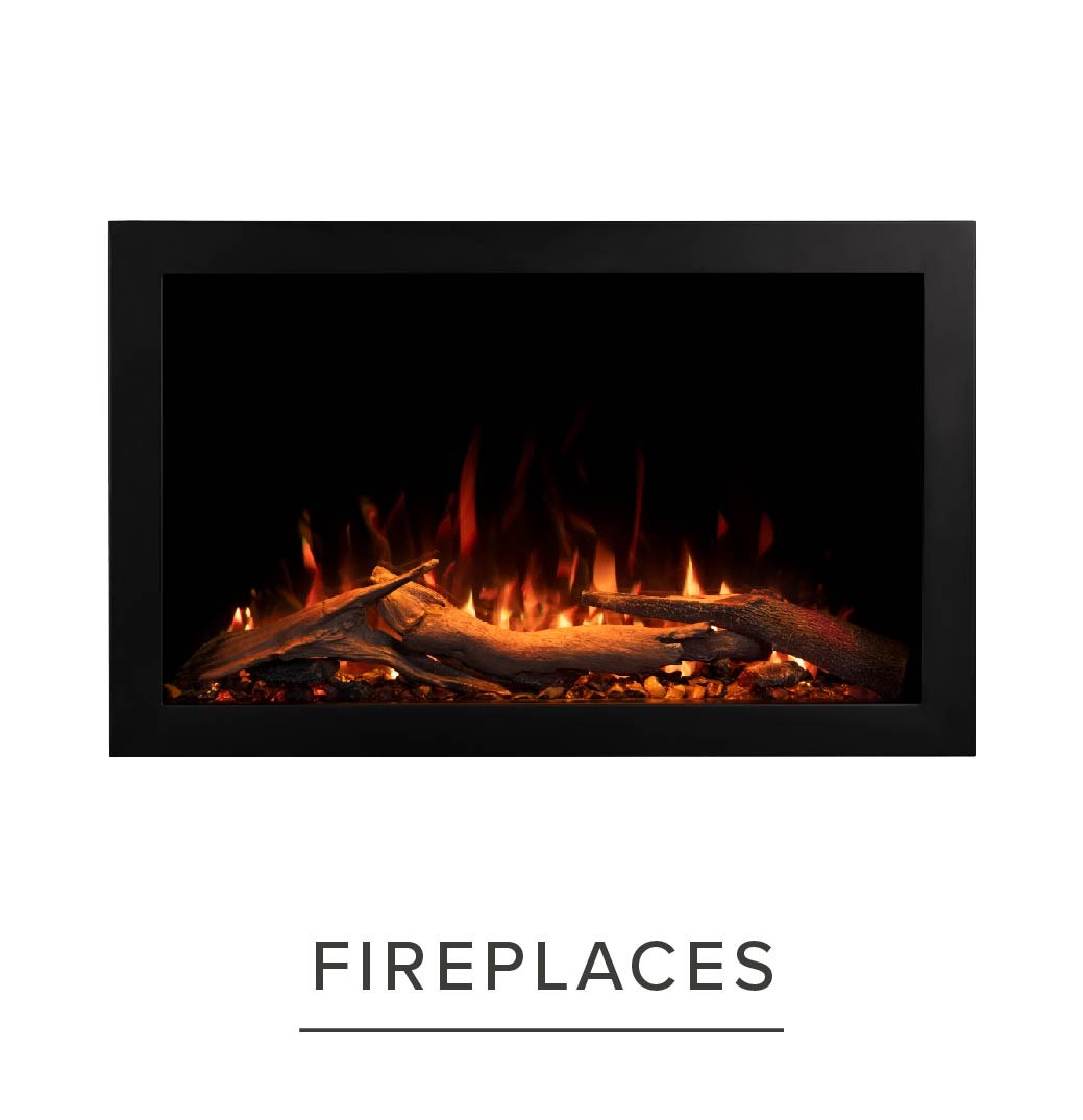 Modern electric fireplace with glowing logs.