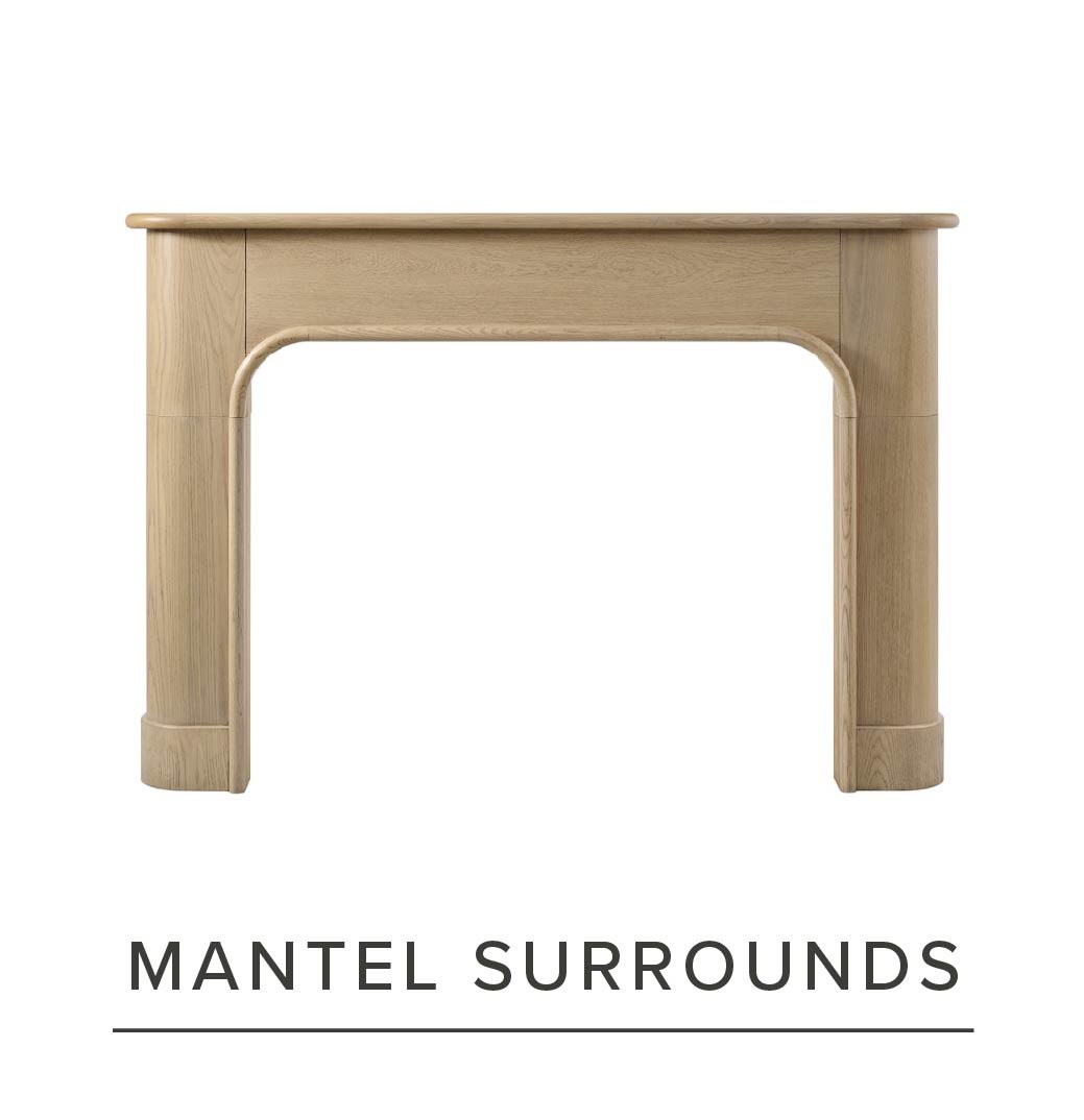 Brown wooden mantel surround with text below.