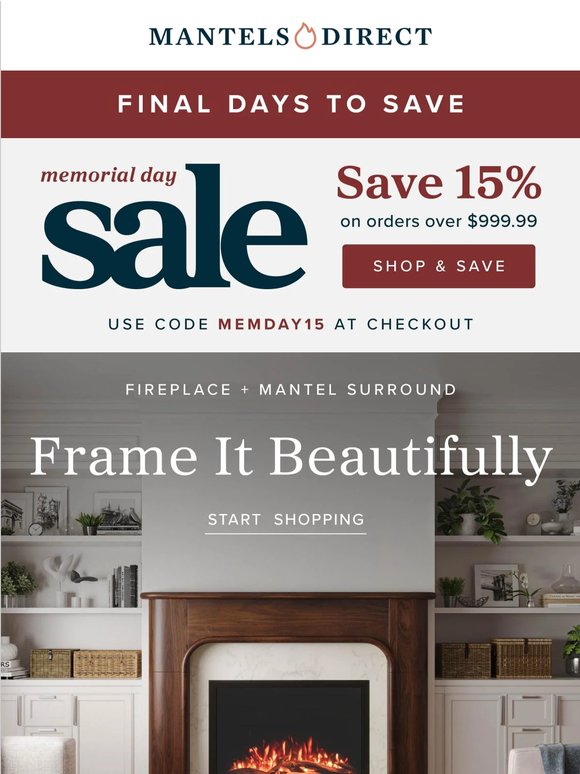 One More Day to Save 15% on Orders $999.99+
