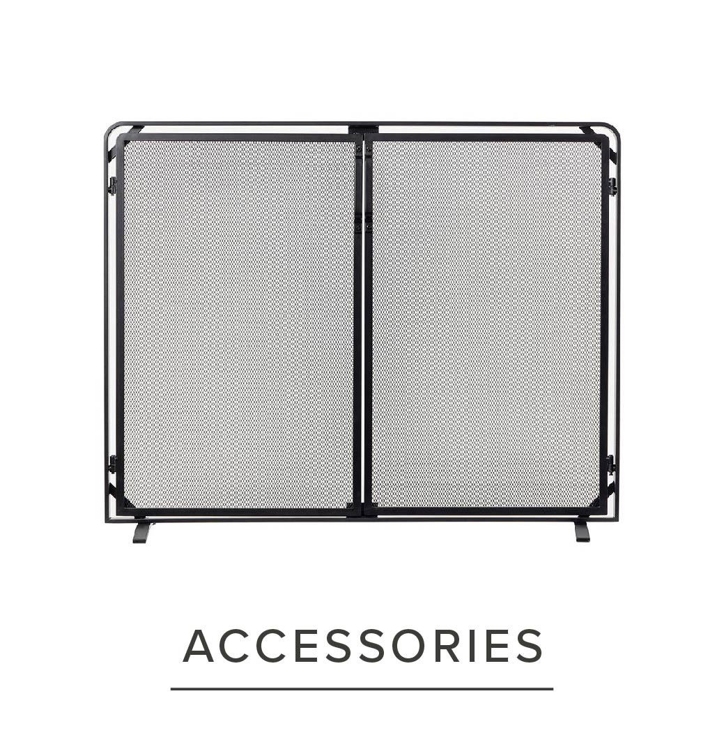 Gold fireplace screen with mesh design, "ACCESSORIES"