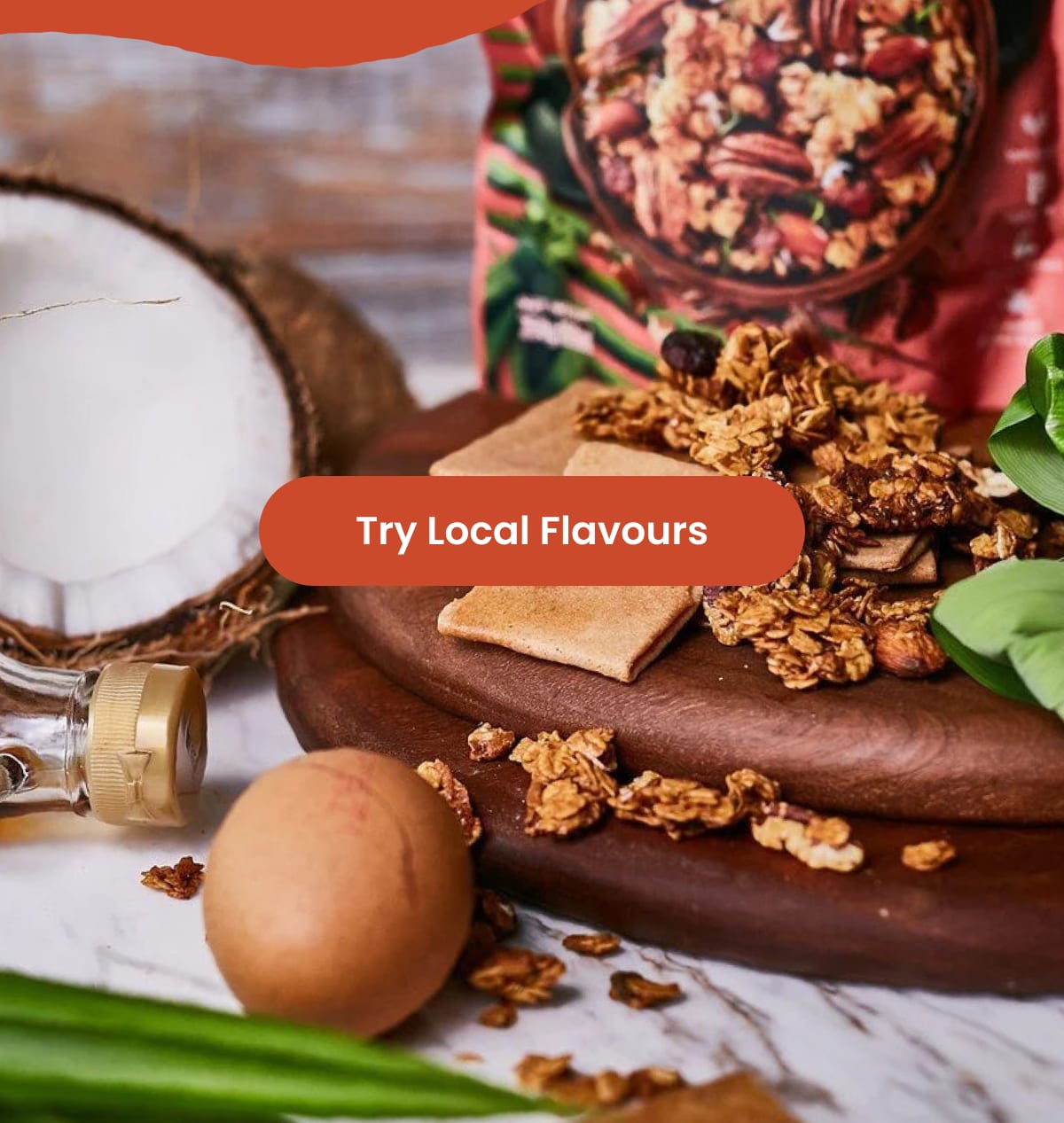 Try Local Flavours granola with coconut and natural ingredients on wooden board