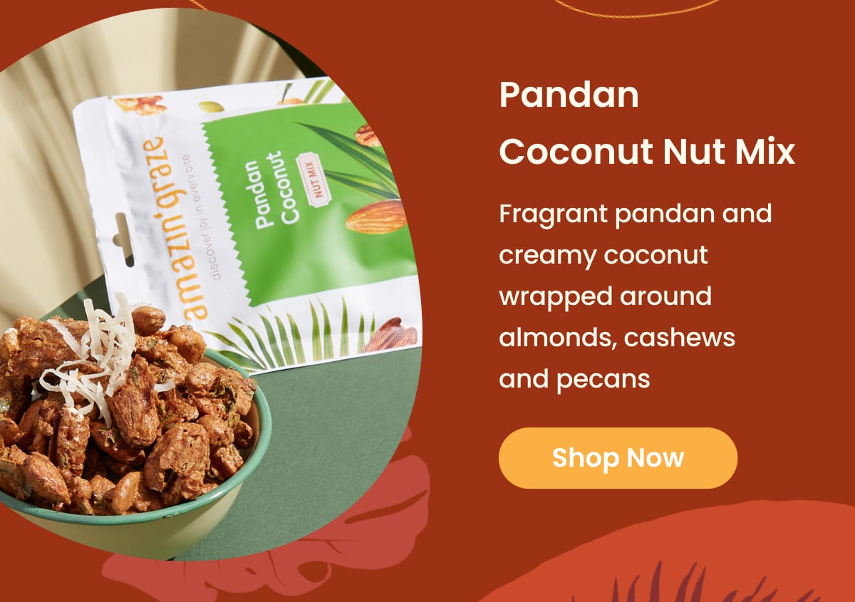 Pandan Coconut Nut Mix in packaging and bowl with nuts