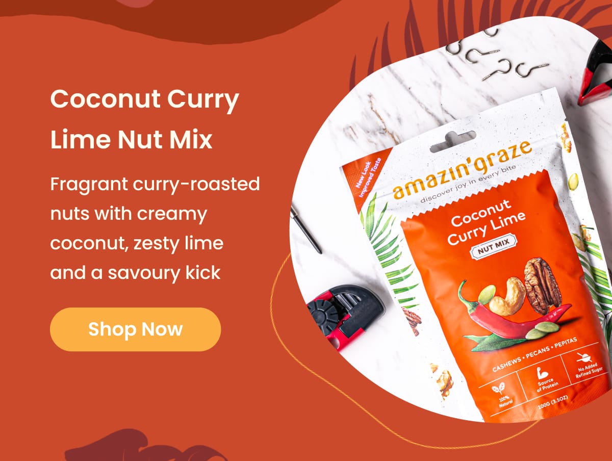 Amazin' Graze Coconut Curry Lime Nut Mix packaging with product description and Shop Now button