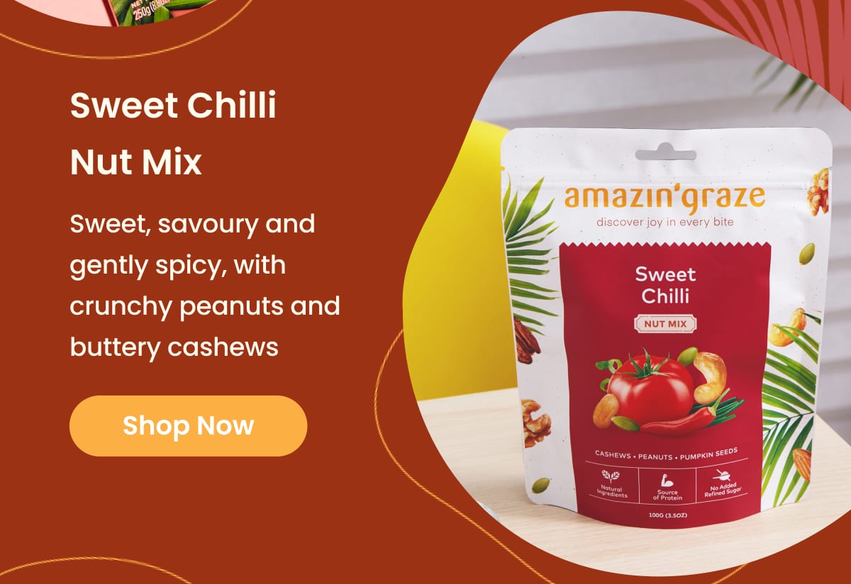 Amazin' Graze Sweet Chilli Nut Mix pack with description and shop now button