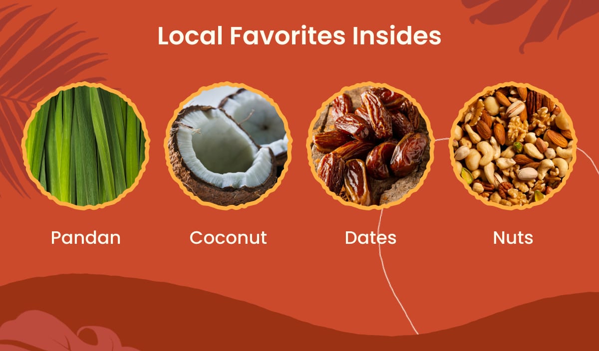 Local favorites ingredients pandan leaves, coconut, dates, and mixed nuts