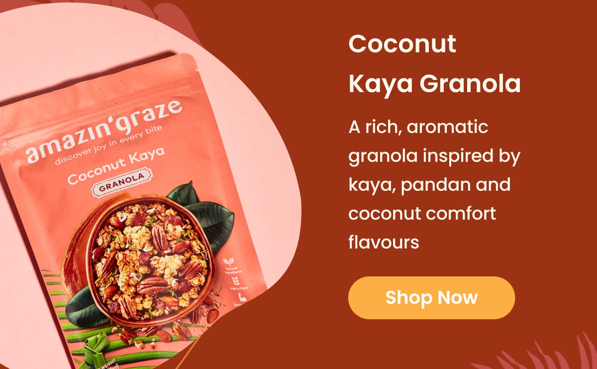 Amazin' Graze Coconut Kaya Granola snack pack with bowl of granola