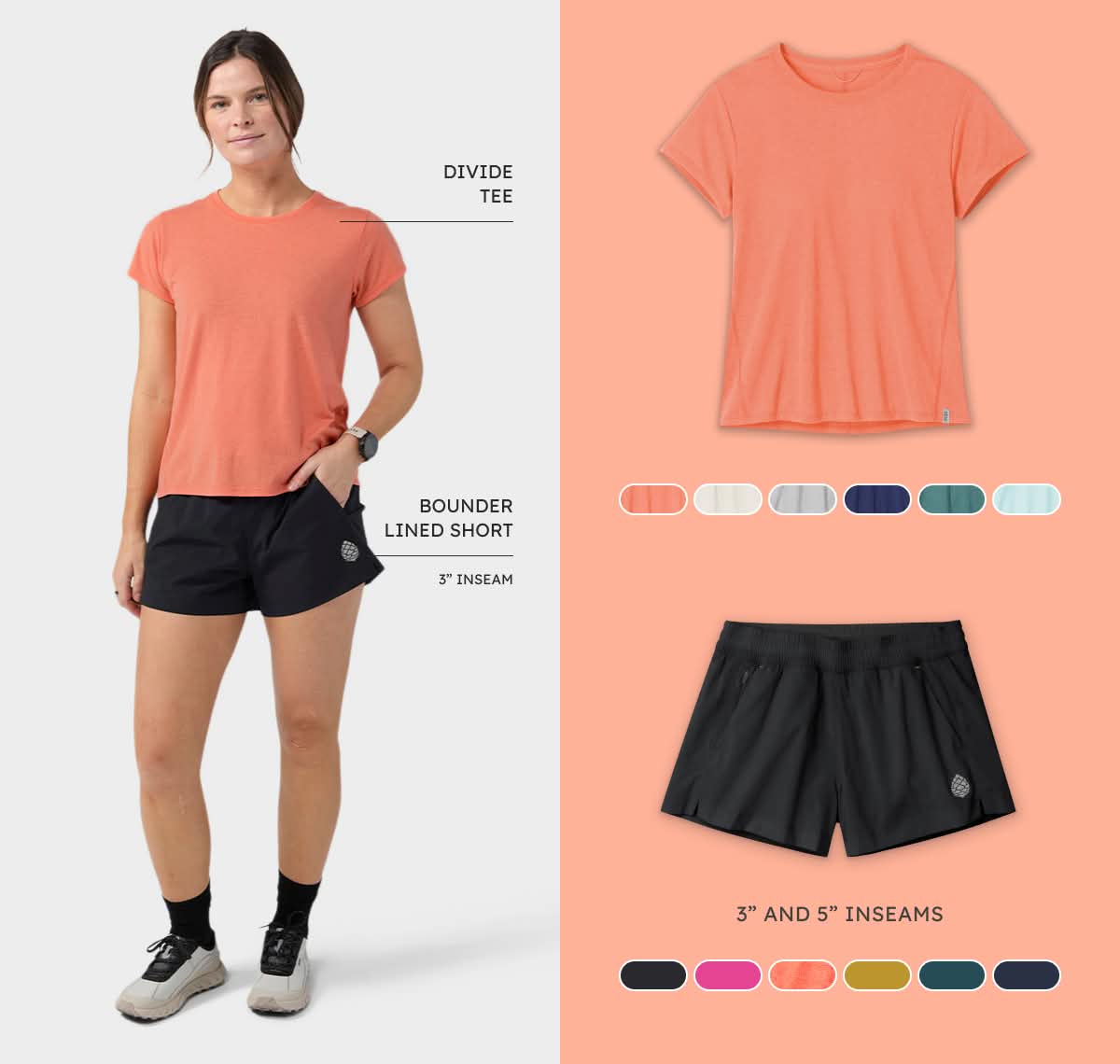 Cool and light for hot miles. Women's Divide Tee and Women's Bounder Lined Short.