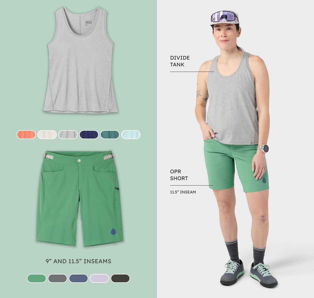Charging on the bike, chilling off it. Women's Divide Tank and Women's OPR Short.
