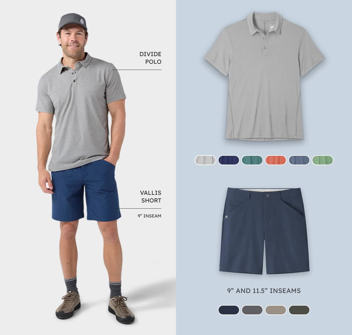 Golf it (just kidding). Men's Divide Polo and Men's Vallis Short.